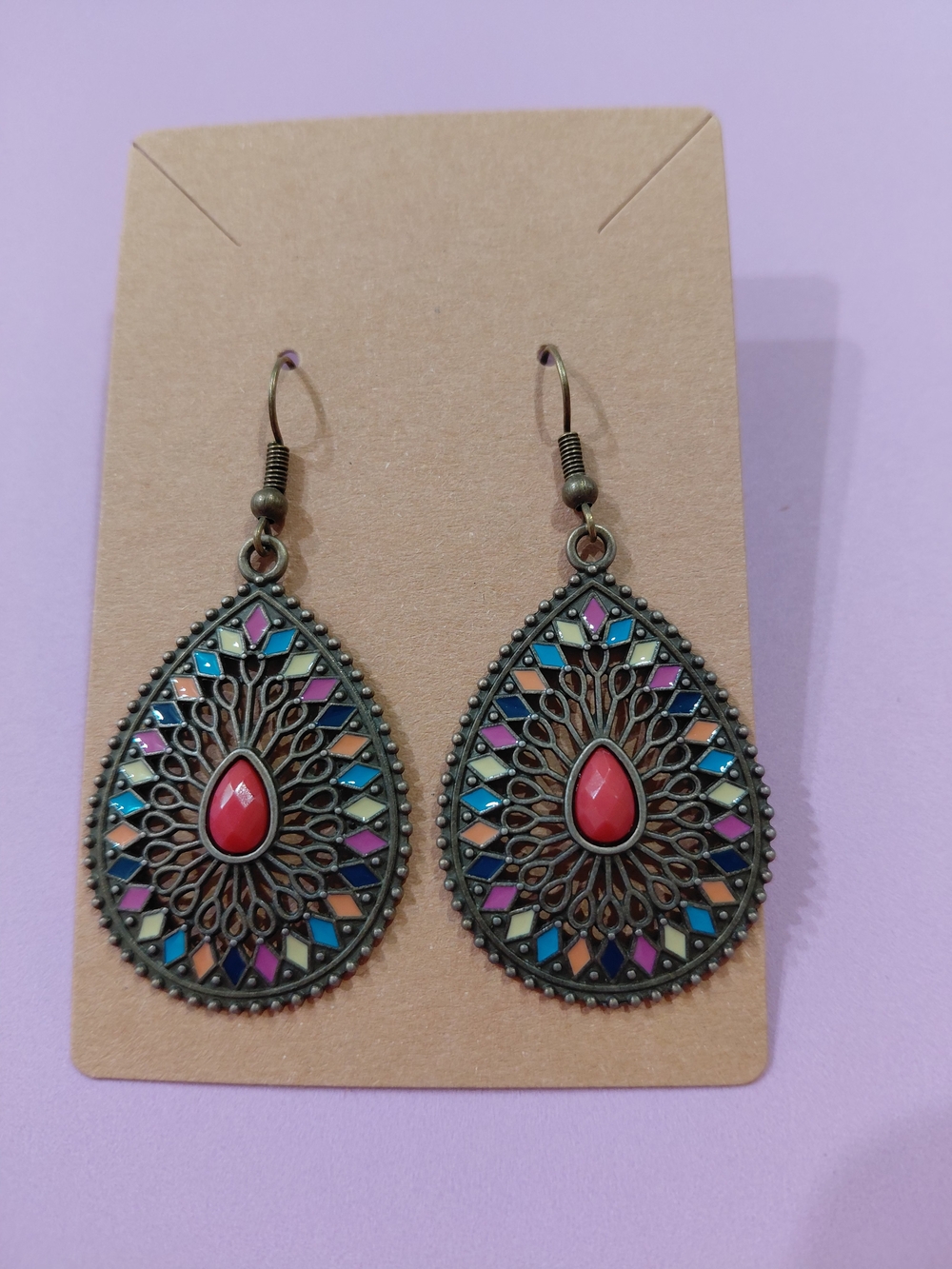 New Boho Multicolor Teardrop Filigree Earrings with Coral Center